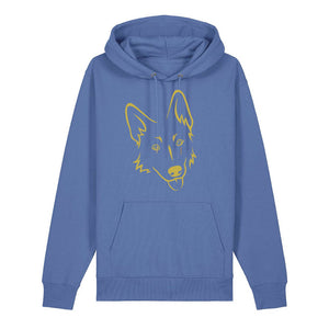 Gold outline illustration of the head of a German Shepherd on the front of a bright blue unisex Hoodie