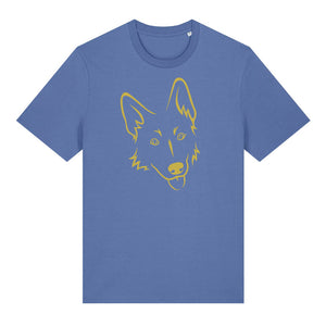 Gold outline illustration of the head of a German Shepherd on the front of a bright blue unisex t-shirt