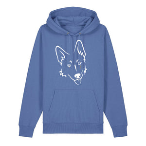 White outline illustration of the head of a German Shepherd on the front of a bright blue unisex Hoodie