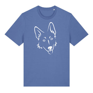 White outline illustration of the head of a German Shepherd on the front of a bright blue unisex t-shirt