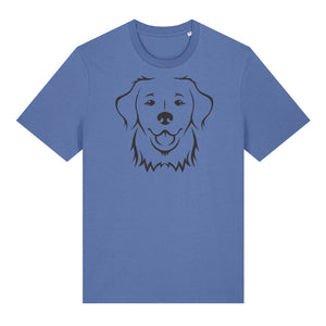 Black outline illustration of the head of a Golden Retriever on the front of a bright blue unisex t-shirt