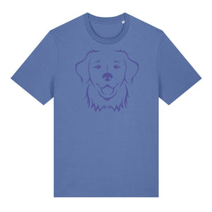 Blue outline illustration of the head of a Golden Retriever on the front of a bright blue unisex t-shirt