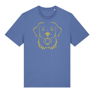 Gold outline illustration of the head of a Golden Retriever on the front of a bright blue unisex t-shirt