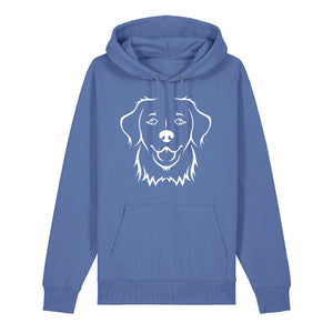 White outline illustration of the head of a Golden Retriever on the front of a bright blue unisex Hoodie