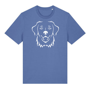 White outline illustration of the head of a Golden Retriever on the front of a bright blue unisex t-shirt