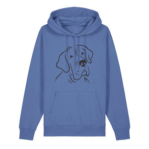 Black outline illustration of the head of a Great Dane on the front of a bright blue unisex Hoodie