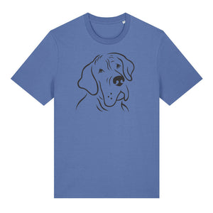 Black outline illustration of the head of a Great Dane on the front of a bright blue unisex t-shirt
