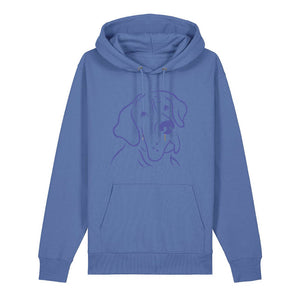 Blue outline illustration of the head of a Great Dane on the front of a bright blue unisex Hoodie