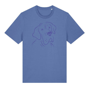 Blue outline illustration of the head of a Great Dane on the front of a bright blue unisex t-shirt