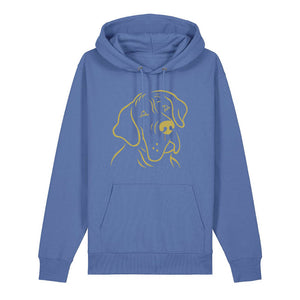 Gold outline illustration of the head of a Great Dane on the front of a bright blue unisex Hoodie