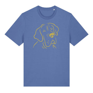 Gold outline illustration of the head of a Great Dane on the front of a bright blue unisex t-shirt