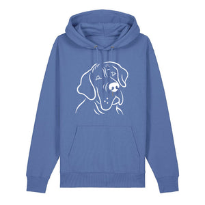 White outline illustration of the head of a Great Dane on the front of a bright blue unisex Hoodie