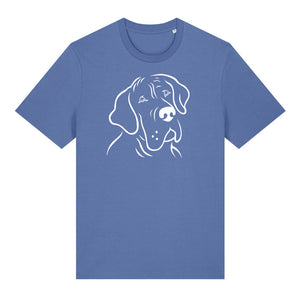 White outline illustration of the head of a Great Dane on the front of a bright blue unisex t-shirt