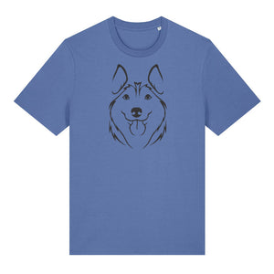 Black outline illustration of the head of a Husky on the front of a bright blue unisex t-shirt