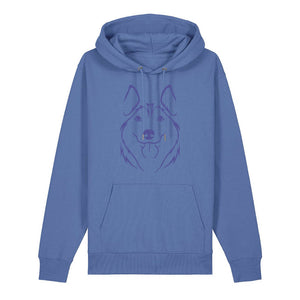 Blue outline illustration of the head of a Husky on the front of a bright blue unisex Hoodie
