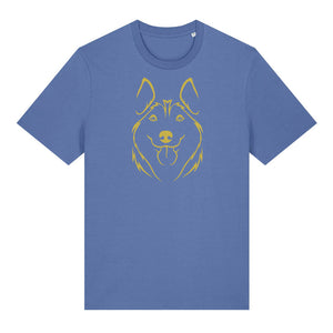 Gold outline illustration of the head of a Husky on the front of a bright blue unisex t-shirt