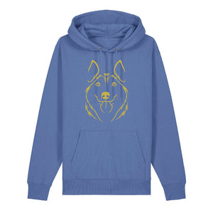 Gold outline illustration of the head of a Husky on the front of a bright blue unisex Hoodie