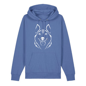 White outline illustration of the head of a Husky on the front of a bright blue unisex Hoodie
