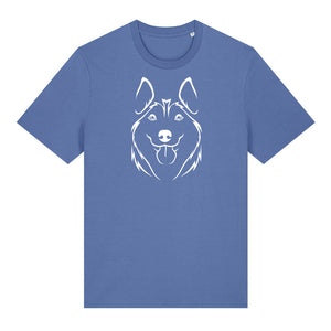 White outline illustration of the head of a Husky on the front of a bright blue unisex t-shirt