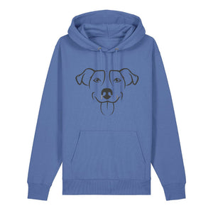 Black outline illustration of the head of a Jack Russell on the front of a bright blue unisex Hoodie