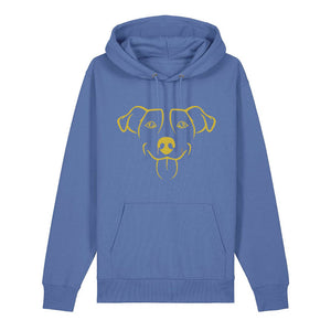 Gold outline illustration of the head of a Jack Russell on the front of a bright blue unisex Hoodie