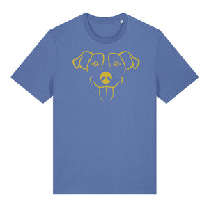 Gold outline illustration of the head of a Jack Russell on the front of a bright blue unisex t-shirt