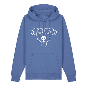 White outline illustration of the head of a Jack Russell on the front of a bright blue unisex Hoodie