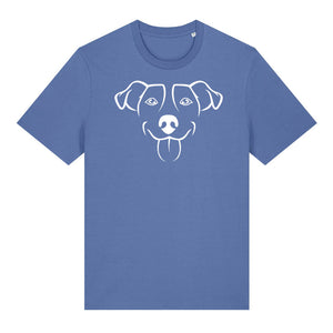 White outline illustration of the head of a Jack Russell on the front of a bright blue unisex t-shirt