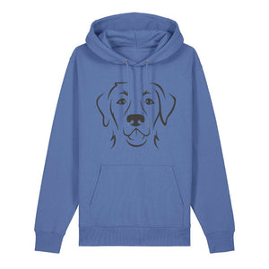 Black outline illustration of the head of a Labrador Retriever on the front of a bright blue unisex Hoodie