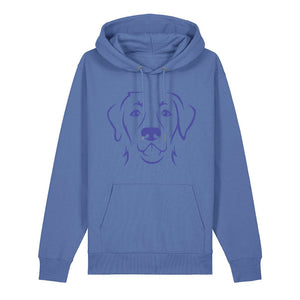 Blue outline illustration of the head of a Labrador Retriever on the front of a bright blue unisex Hoodie