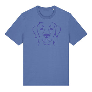 Blue outline illustration of the head of a Labrador Retriever on the front of a bright blue unisex t-shirt