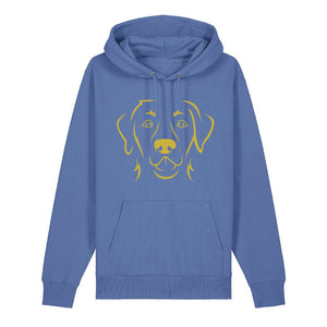 Gold outline illustration of the head of a Labrador Retriever on the front of a bright blue unisex Hoodie
