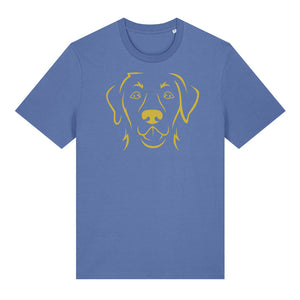 Gold outline illustration of the head of a Labrador Retriever on the front of a bright blue unisex t-shirt