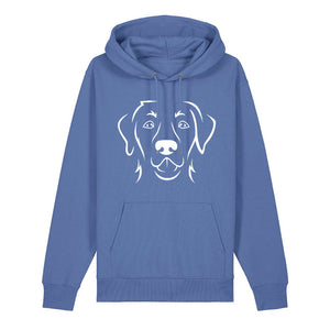 White outline illustration of the head of a Labrador Retriever on the front of a bright blue unisex Hoodie