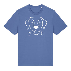 White outline illustration of the head of a Labrador Retriever on the front of a bright blue unisex t-shirt