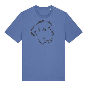 Black outline illustration of the head of a Newfoundland on the front of a bright blue unisex t-shirt