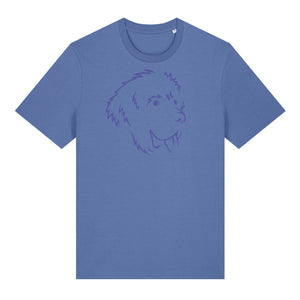Blue outline illustration of the head of a Newfoundland on the front of a bright blue unisex t-shirt