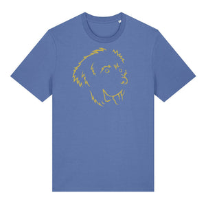 Gold outline illustration of the head of a Newfoundland on the front of a bright blue unisex t-shirt