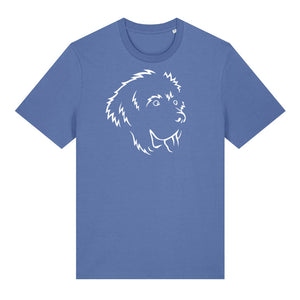 White outline illustration of the head of a Newfoundland on the front of a bright blue unisex t-shirt