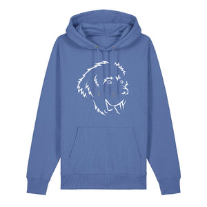 White outline illustration of the head of a Newfoundland on the front of a bright blue unisex Hoodie