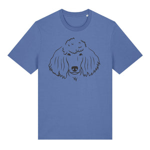 Black outline illustration of the head of a Poodle on the front of a bright blue unisex t-shirt