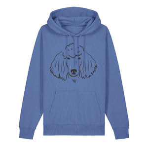 Black outline illustration of the head of a Poodle on the front of a bright blue unisex Hoodie