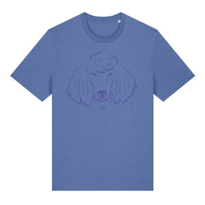Blue outline illustration of the head of a Poodle on the front of a bright blue unisex t-shirt