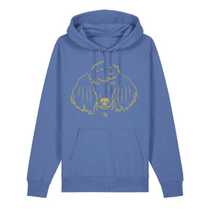 Gold outline illustration of the head of a Poodle on the front of a bright blue unisex Hoodie