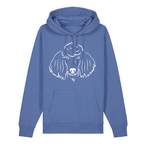 White outline illustration of the head of a Poodle on the front of a bright blue unisex Hoodie