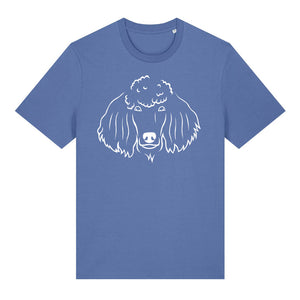 White outline illustration of the head of a Poodle on the front of a bright blue unisex t-shirt