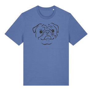 Black outline illustration of the head of a Pug on the front of a bright blue unisex t-shirt