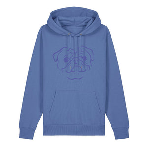 Blue outline illustration of the head of a Pug on the front of a bright blue unisex Hoodie