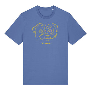 Gold outline illustration of the head of a Pug on the front of a bright blue unisex t-shirt
