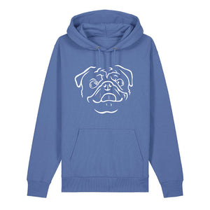 White outline illustration of the head of a Pug on the front of a bright blue unisex Hoodie